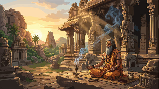 Ancient Sage Meditating in a Sacred Temple Setting.