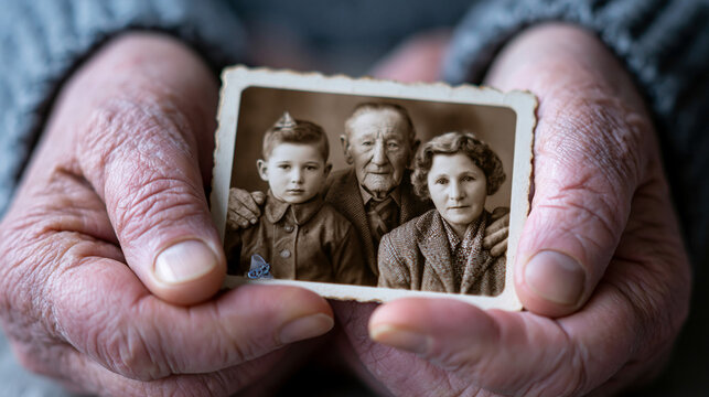 Alte H&auml;nde halten ein verblasstes Schwarzwei&szlig;foto einer Familiengruppe mit Kindern und Erwachsenen.