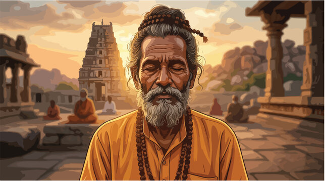 Elderly Indian Sadhu Meditating with Eyes Closed.
