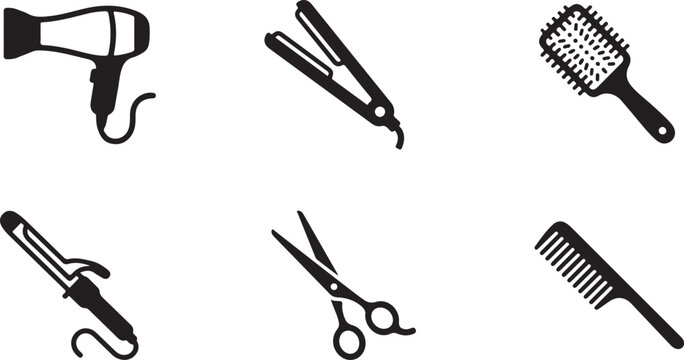Set of black hair salon tools icons including dryer flat iron brush curling iron scissors and comb for professional styling Vector