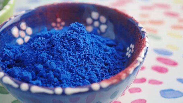 Bright blue powder in bowl on colorful background