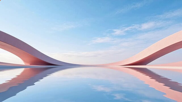 Abstract pink curved structures with water reflection