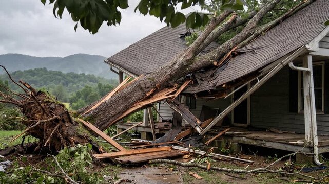 Fallen tree crushing a damaged house roof after a severe storm, extreme weather concept, 4K video