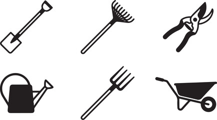 Set of black and white garden tool icons including shovel rake shears watering can pitchfork and wheelbarrow for farming Vector © Sazid