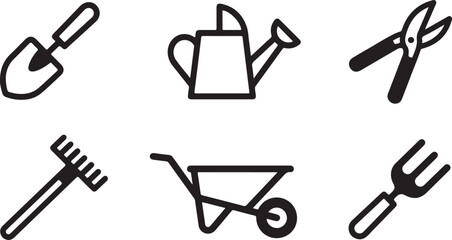 Set of black gardening tools icons including shovel watering can shears rake wheelbarrow and fork for farm work and planting Vector © Sazid