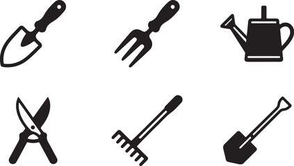 Set of black gardening tools icons including shovel rake fork shears and watering can for agriculture and backyard work Vector © Sazid