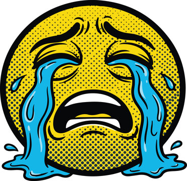 Pop Art Comic Style Crying Emoji with Halftone Dots and Tear Streams Vector