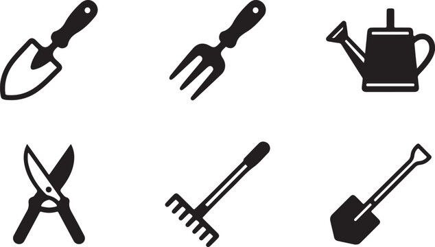 Set of black gardening tools icons including shovel rake fork shears and watering can for agriculture and backyard work Vector
