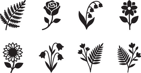 Set of black silhouette flower and plant icons including rose sunflower lily of the valley and fern leaf botanical elements Vector © Sazid