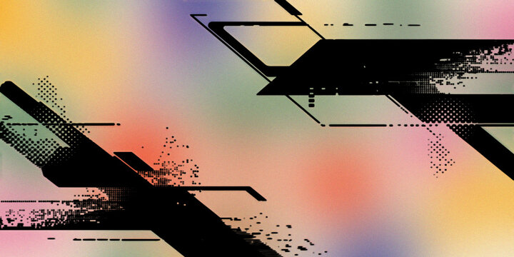 Abstract composition with geometric black shapes and halftone patterns overlaid on vibrant colorful gradient wallpaper background.