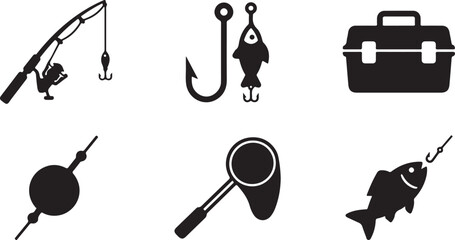 Set of black fishing icons including rod hook tackle box net and fish for outdoor hobby and recreation design elements Vector © Sazid