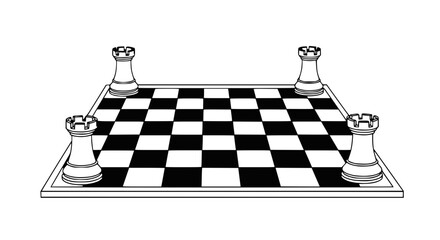 Chessboard with four rooks on corners, strategy game, black and white checkered board © rglstrm