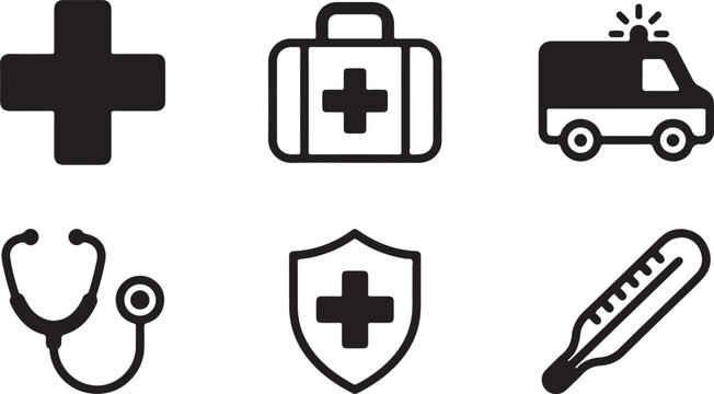 Set of black and white medical icons including cross first aid kit ambulance stethoscope shield and digital thermometer Vector