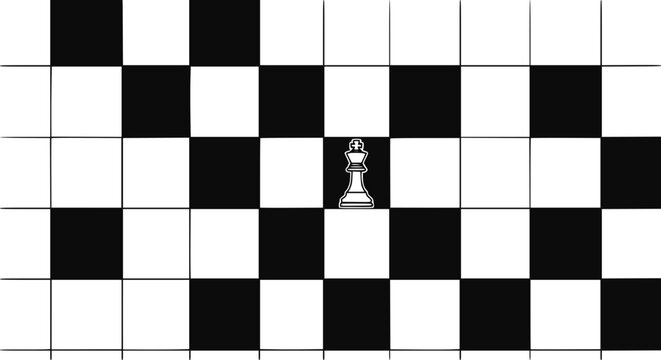 Lone white queen chess piece centered on black and white checkered board, strategic game