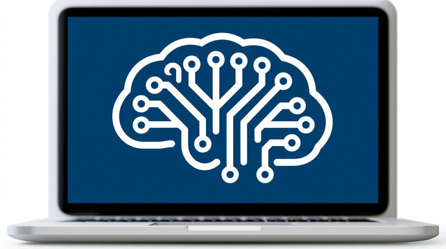 Laptop mit leuchtendem Gehirn-Schaltkreis-Symbol auf blauem Bildschirm