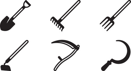 Set of black farming tool icons including shovel rake pitchfork hoe scythe and sickle for agriculture and gardening work Vector © Sazid