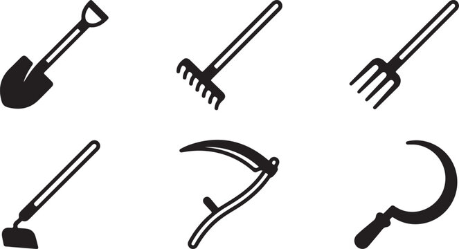 Set of black farming tool icons including shovel rake pitchfork hoe scythe and sickle for agriculture and gardening work Vector