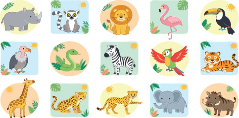 Cute cartoon wild safari and jungle animals icon collection set © Hossain