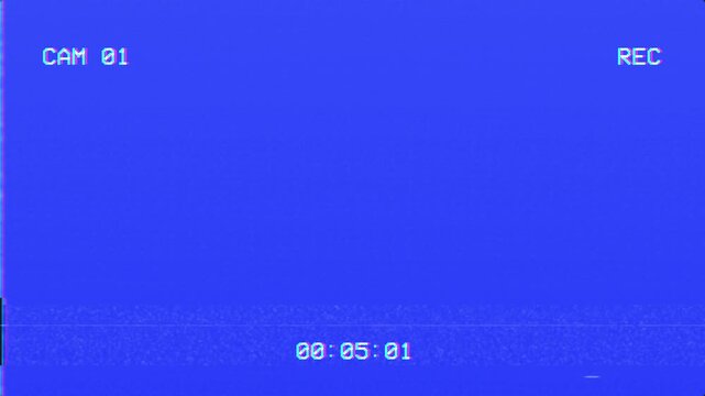 Blue screen security camera recording interface with digital glitch