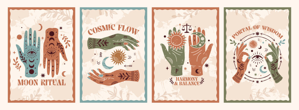 Boho celestial hand drawn poster set with mystical hands, moon phases, stars, eyes, arrows and magical symbols in earthy colors. Textured spiritual doodle collection for wall art and home decor