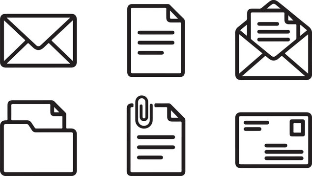 Set of black outline icons representing email envelope document file folder attachment and postal mail communication symbols Vector