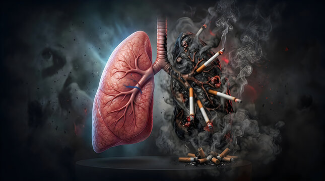 Healthy Lung vs Smoker Lung with Cigarettes Conceptual Illustration Anti-Smoking Warning
