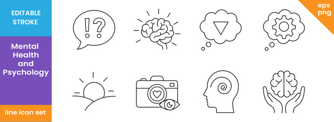 Mental Health and Psychology Editable Stroke Line Icons Set © Faurdaus
