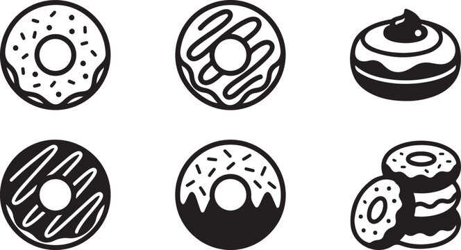 Set of black and white donut icons featuring various delicious glazed and sprinkled desserts for bakery menu design Vector