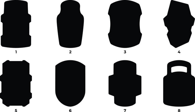 Military patch shape templates and tactical badge silhouettes set numbered one to eight on white background