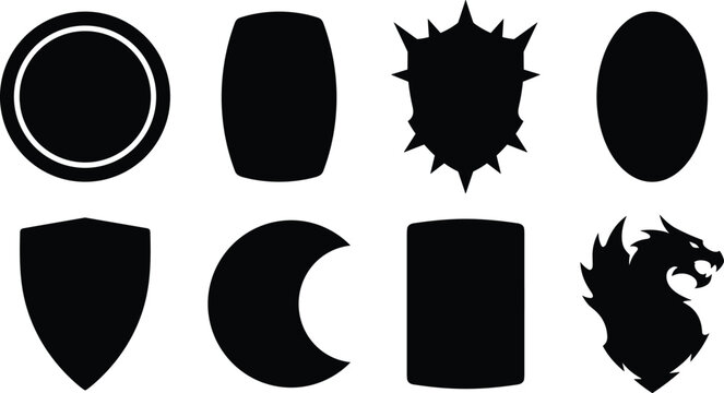 Military patch emblem shapes and fantasy crest silhouettes set featuring dragon head and shield borders