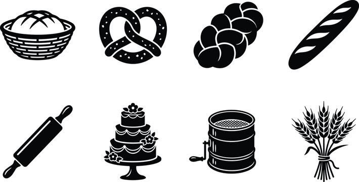 Bakery and pastry icon set featuring bread pretzel braided loaf baguette rolling pin cake flour sifter and wheat stalks