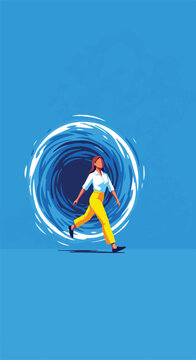 Woman walking into swirling vortex portal on blue background