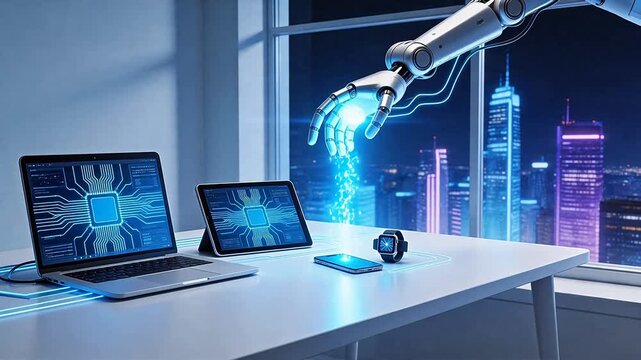 Robot hand transferring data to devices