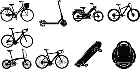 Set of eco friendly urban transportation silhouette icons featuring bicycles electric scooter moped skateboard and electric unicycle isolated on white background © SHAPLAKHATUN