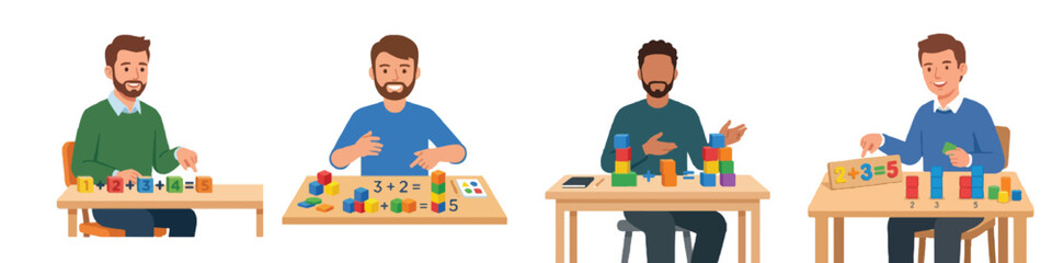 Fototapeta premium A male teacher teaching basic math using colorful wooden blocks on a desk, flat design, ultra-minimalist, no outlines, detailed and clear face, stark white background. 
