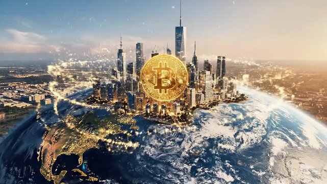 A futuristic cityscape at sunset with a giant gold bitcoin superimposed over a globe