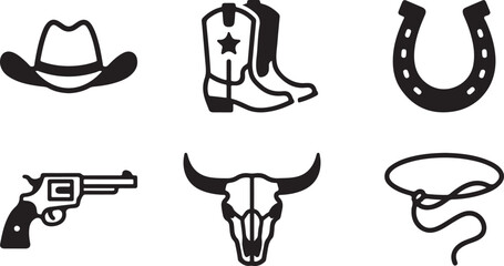 Set of black cowboy icons featuring a hat boots horseshoe gun bull skull and lasso rope for wild west themed design Vector © Sazid