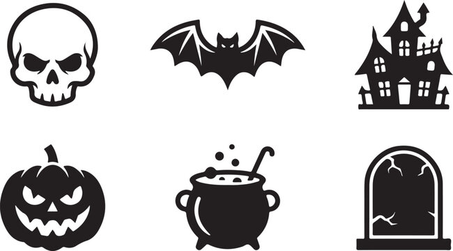Set of black halloween icons featuring a skull bat haunted house pumpkin cauldron and gravestone for festive party design Vector