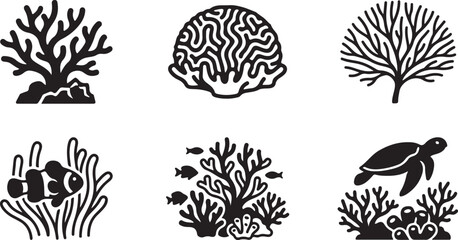 Set of black and white coral reef icons with sea life including fish and a turtle for marine biology and ocean design Vector © Sazid