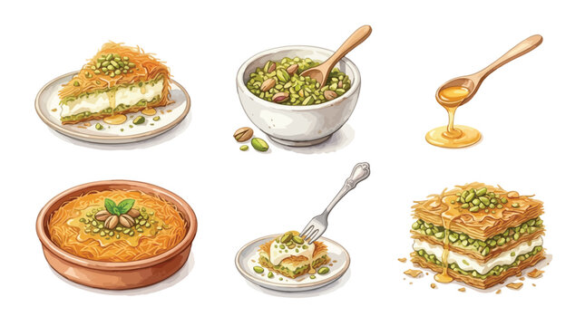 A vibrant watercolor illustration showcasing a delightful assortment of Middle Eastern desserts, featuring baklava, kunafa, and other pistachio-infused sweets, drizzled with honey.