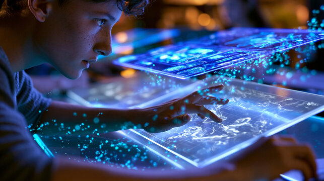 Junger Mann spielt konzentriert an leuchtendem digitalen Touchtisch im Dunkeln
