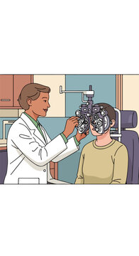 Eye exam performed by doctor on patient with phoropter in examination room