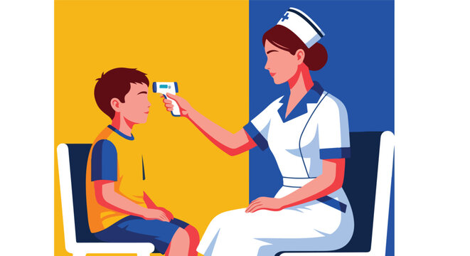 Nurse checks child's temperature with infrared thermometer in clinic