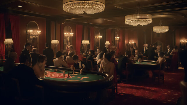 Elegant casino interior with gambling tables and patrons enjoying a night out