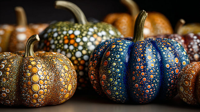 Artistic pumpkins featuring intricate dot patterns in a modern and contemporary style.