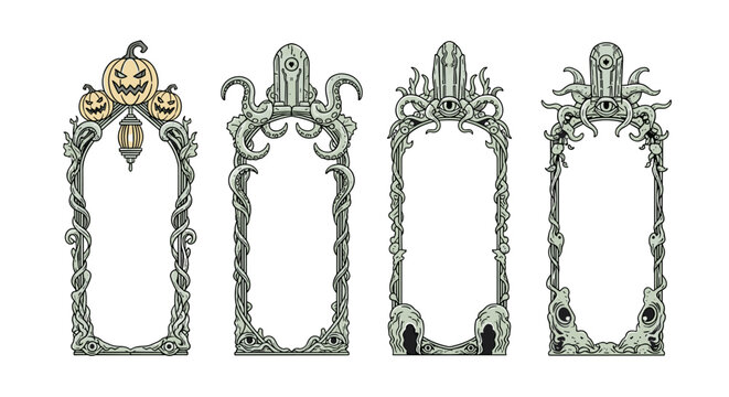 Collection of four spooky Halloween ornate frames, featuring pumpkins and gothic elements in a pixelated style, perfect for haunted invitations and