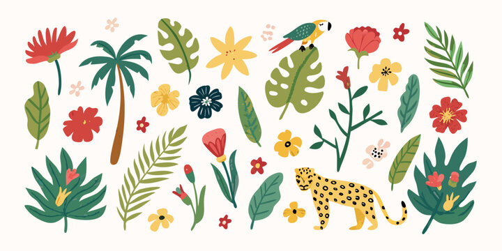 Tropical Floral Ornament With Toucan And Jaguar Vector Illustration