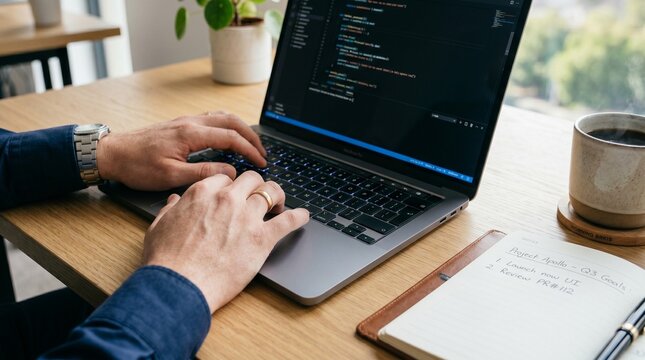 Software Development and Coding Concept with Programmer Typing on Laptop Showing Code Editor and Notebook on Wooden Desk