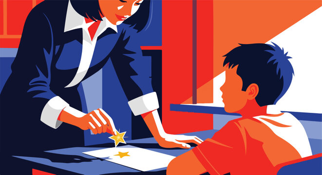 Teacher awards student with star, classroom reward, positive reinforcement