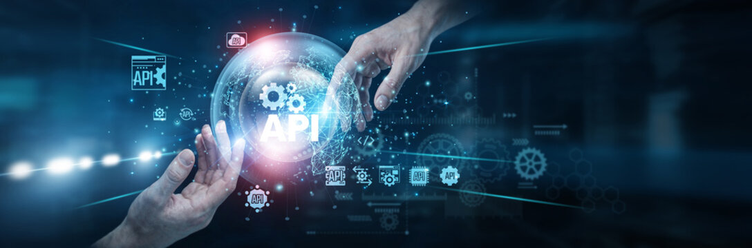 Developer Hands of human touching on api network connection, seamless system integration enabling applications data exchange automation scalable software solutions. modern digital connectivity.